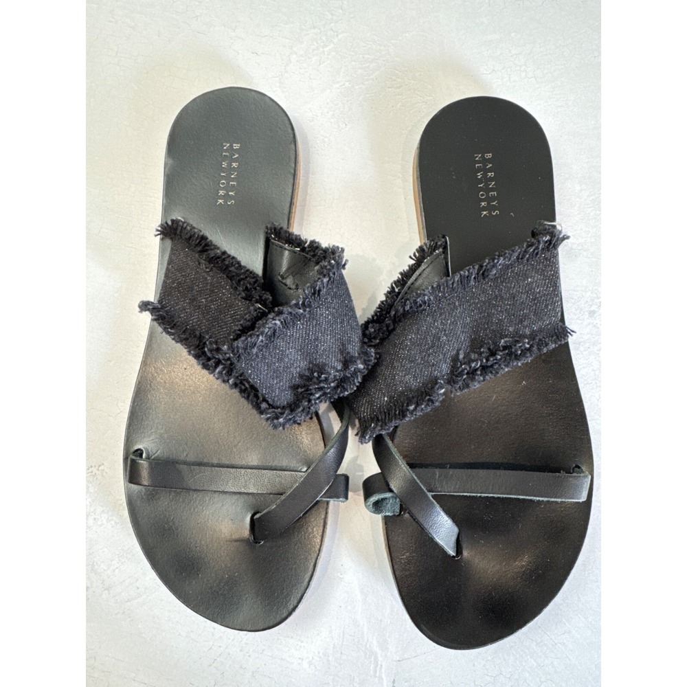 Barneys Black Denim Frayed Strap Sandals 5 EU 36 Italy Casual Chic Summer Slides